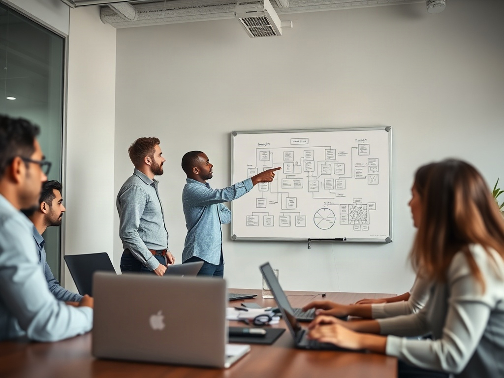 Documentary photo of a small IT consulting team in a modern office in San Juan